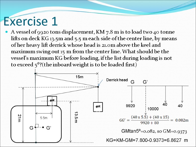 Exercise 1  A vessel of 9920 tons displacement, KM 7.8 m is to